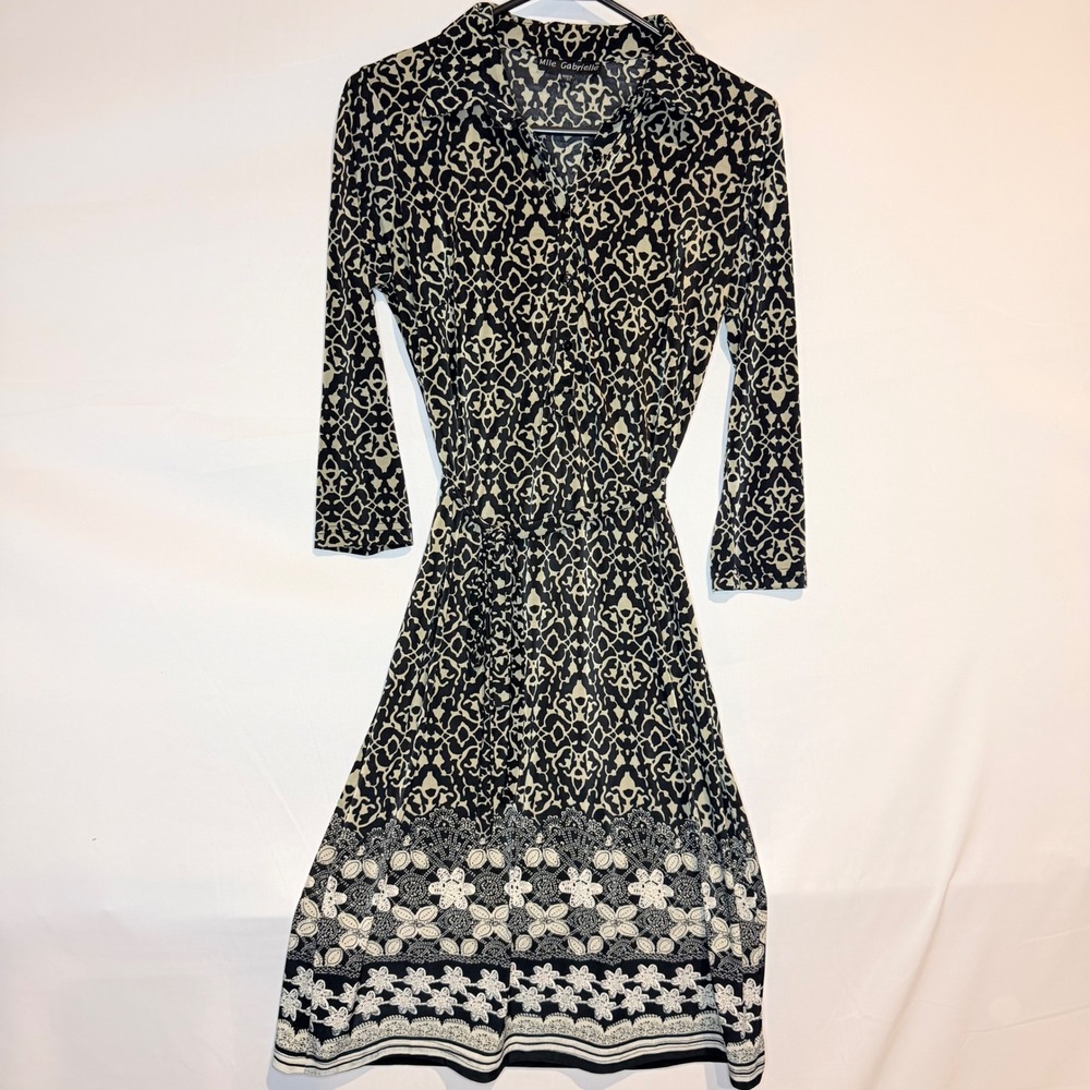 Mlle Gabrielle Women Black Cream Geometric Floral Border Tie Waist Dress Small